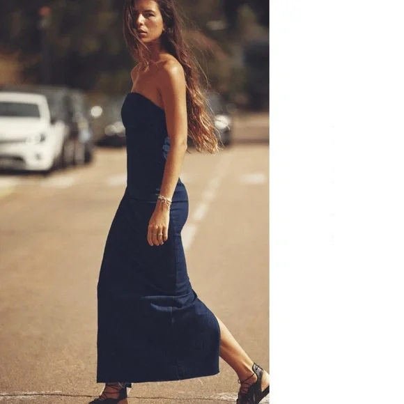 Strapless Denim Fitted Denim Dress Zara Denim Strapless Midi Dress